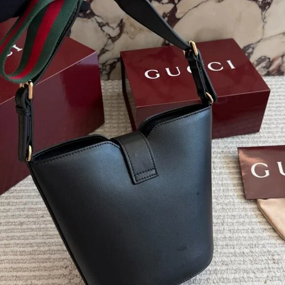Gucci Black Leather Mini Bucket Bag Web Stripe Shoulder Strap + Box - Picture 3 of 8